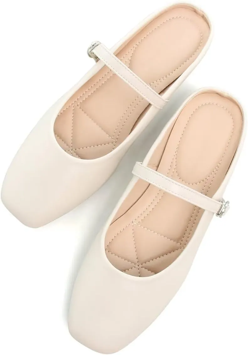 Hee grand Mules for Women Mary Jane Shoes Retro Square Toe Strap Backless Flat Mules Comfortable Flat Slippers