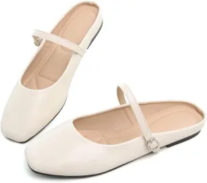 Hee grand Mules for Women Mary Jane Shoes Retro Square Toe Strap Backless Flat Mules Comfortable Flat Slippers
