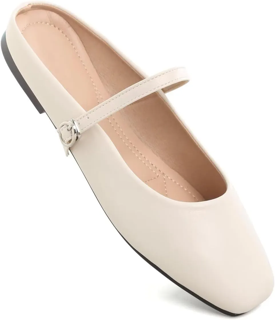 Hee grand Mules for Women Mary Jane Shoes Retro Square Toe Strap Backless Flat Mules Comfortable Flat Slippers