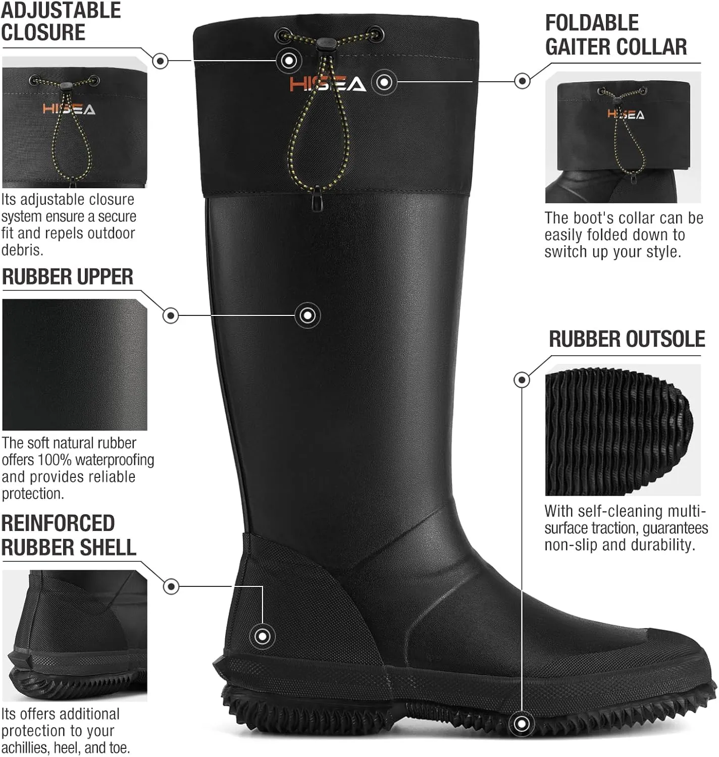 HISEA Classic Men’s Rainboot Neoprene Rubber Rain Boots for Men Waterproof with Adjustable Closure