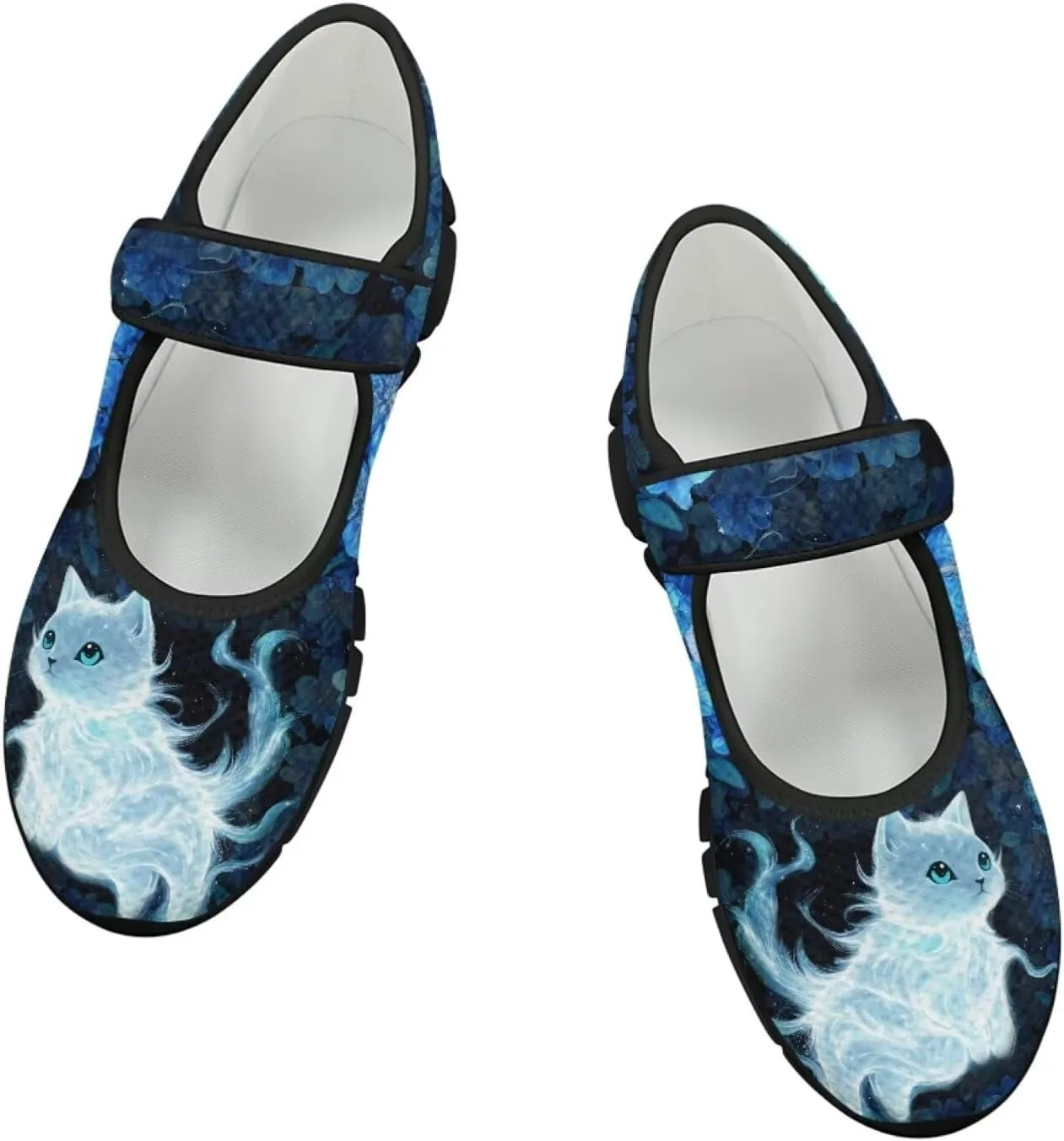 Howilath Cat Print Mary Jane Shoes Women Round Toe Dress Dance Shoes Mesh Casual Flats Shoes with Magic Sticker