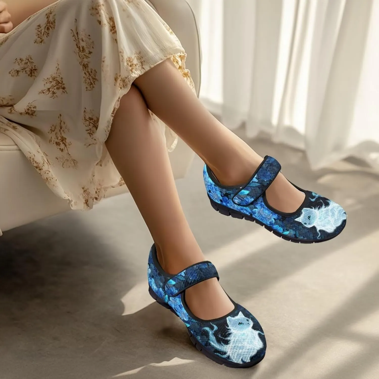 Howilath Cat Print Mary Jane Shoes Women Round Toe Dress Dance Shoes Mesh Casual Flats Shoes with Magic Sticker
