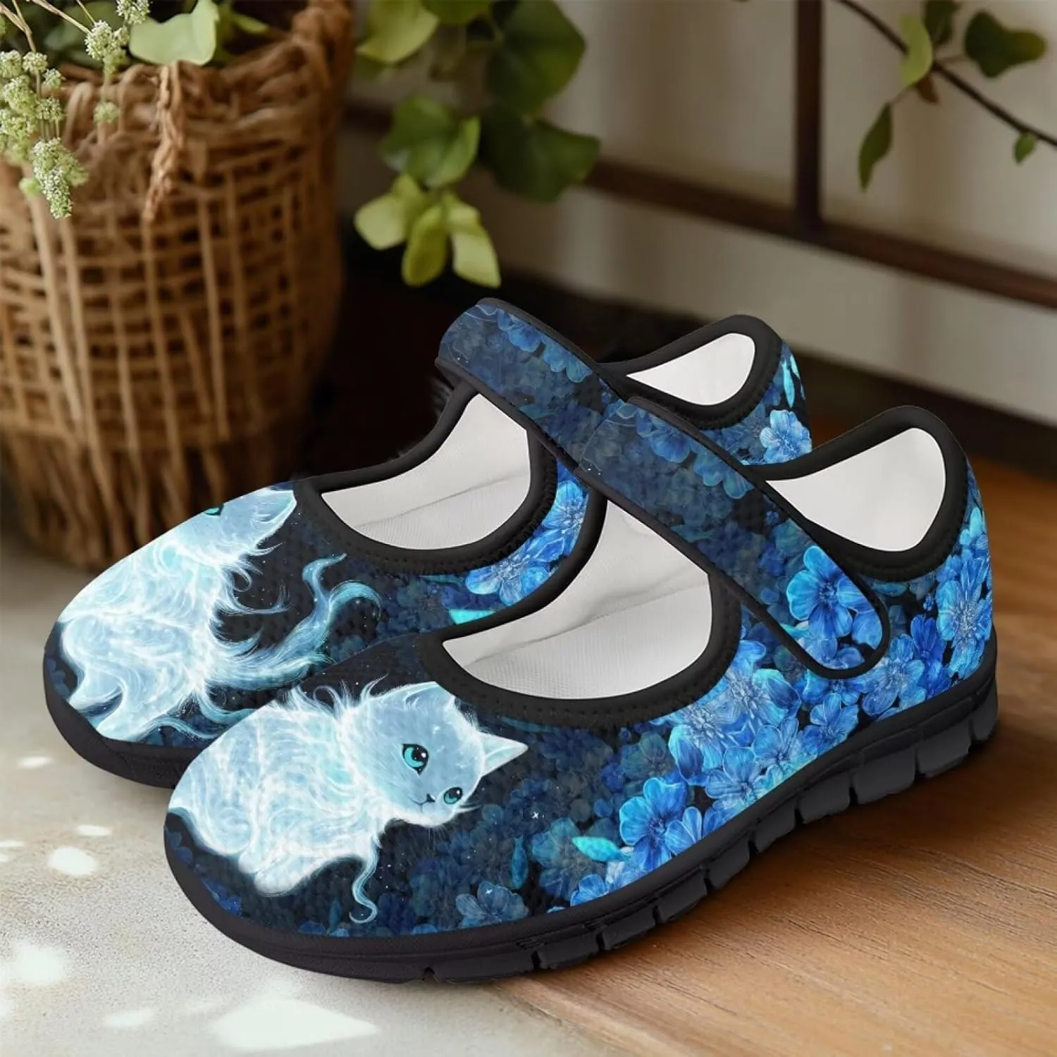 Howilath Cat Print Mary Jane Shoes Women Round Toe Dress Dance Shoes Mesh Casual Flats Shoes with Magic Sticker