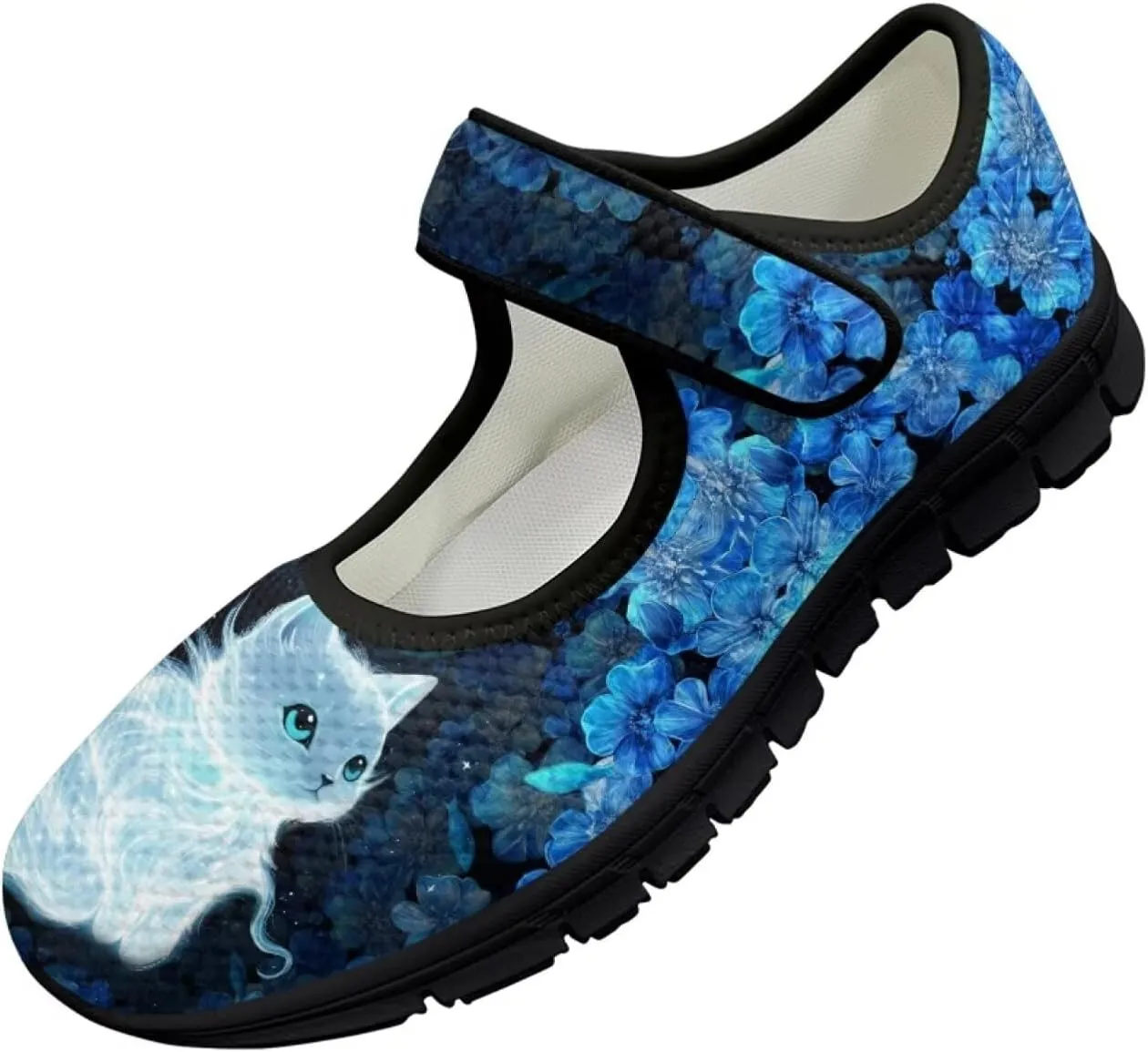 Howilath Cat Print Mary Jane Shoes Women Round Toe Dress Dance Shoes Mesh Casual Flats Shoes with Magic Sticker