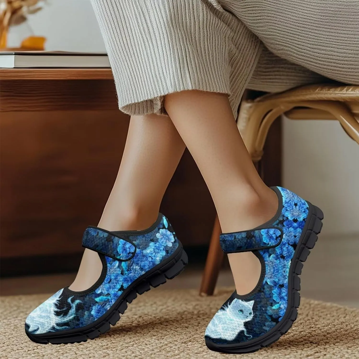 Howilath Cat Print Mary Jane Shoes Women Round Toe Dress Dance Shoes Mesh Casual Flats Shoes with Magic Sticker