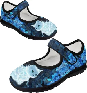 Howilath Cat Print Mary Jane Shoes Women Round Toe Dress Dance Shoes Mesh Casual Flats Shoes with Magic Sticker