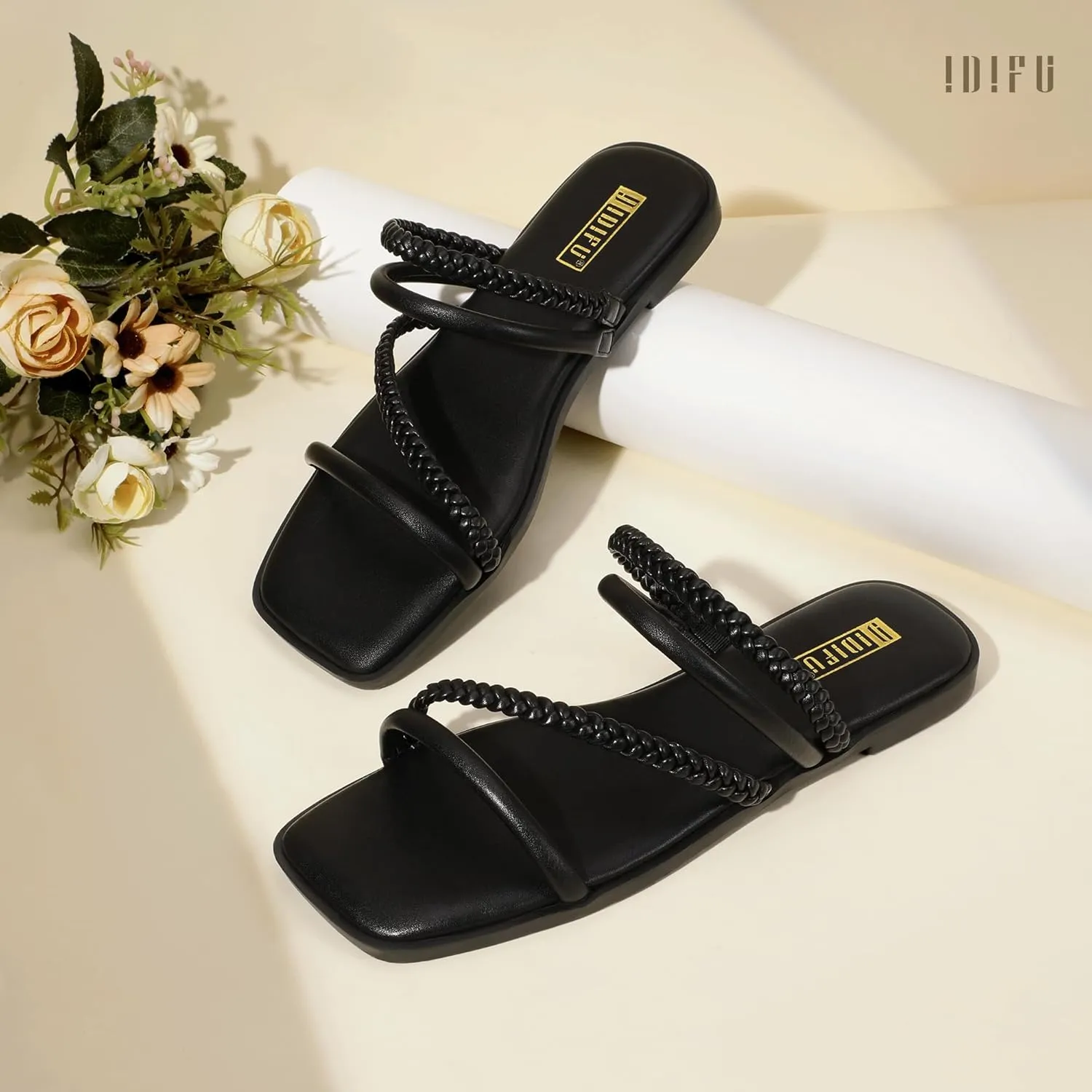 IDIFU Womens Braided Strappy Flat Sandals Square Open Toe Slide Sandals Slip On Slingback Dress Sandals Summer Beach Casual Ladies Comfortable Dressy Cute Trendy Sandals