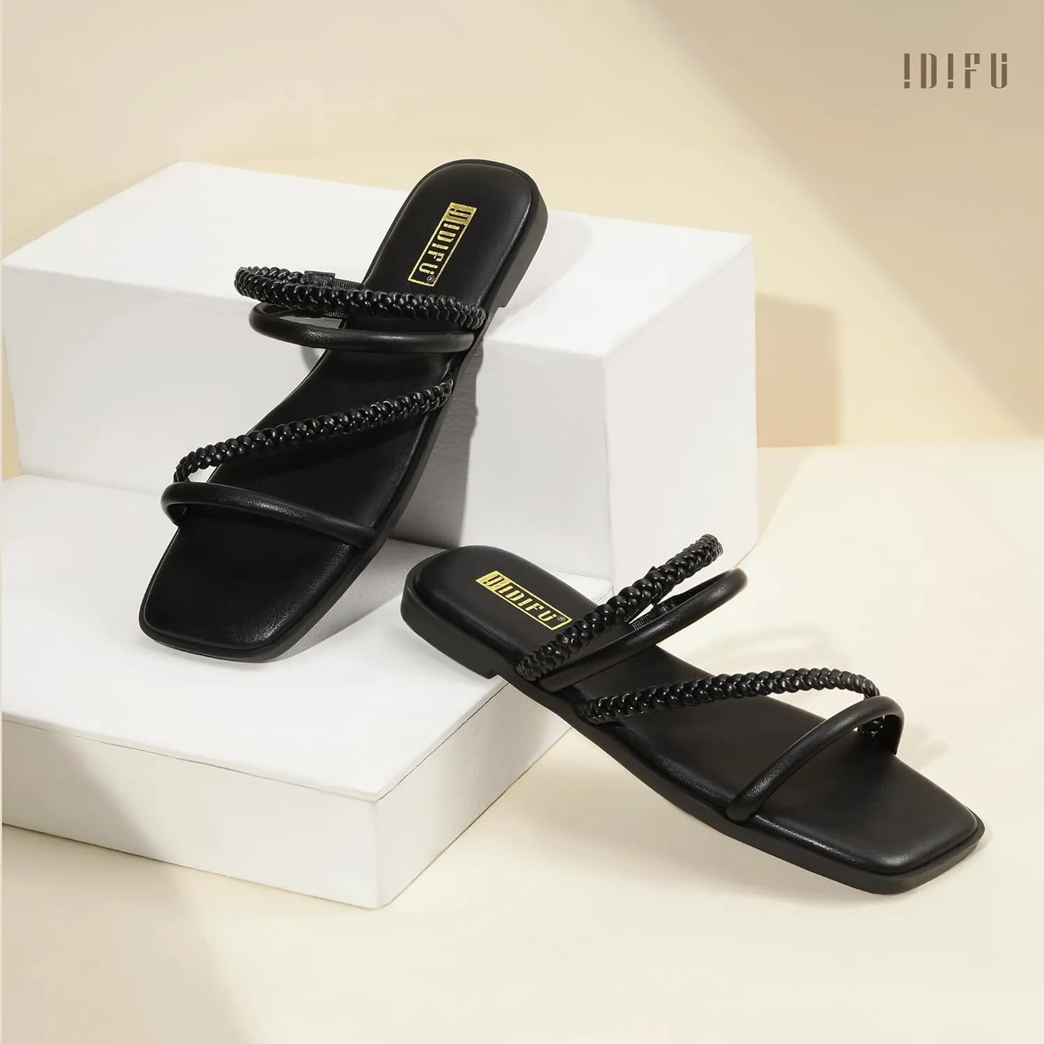 IDIFU Womens Braided Strappy Flat Sandals Square Open Toe Slide Sandals Slip On Slingback Dress Sandals Summer Beach Casual Ladies Comfortable Dressy Cute Trendy Sandals