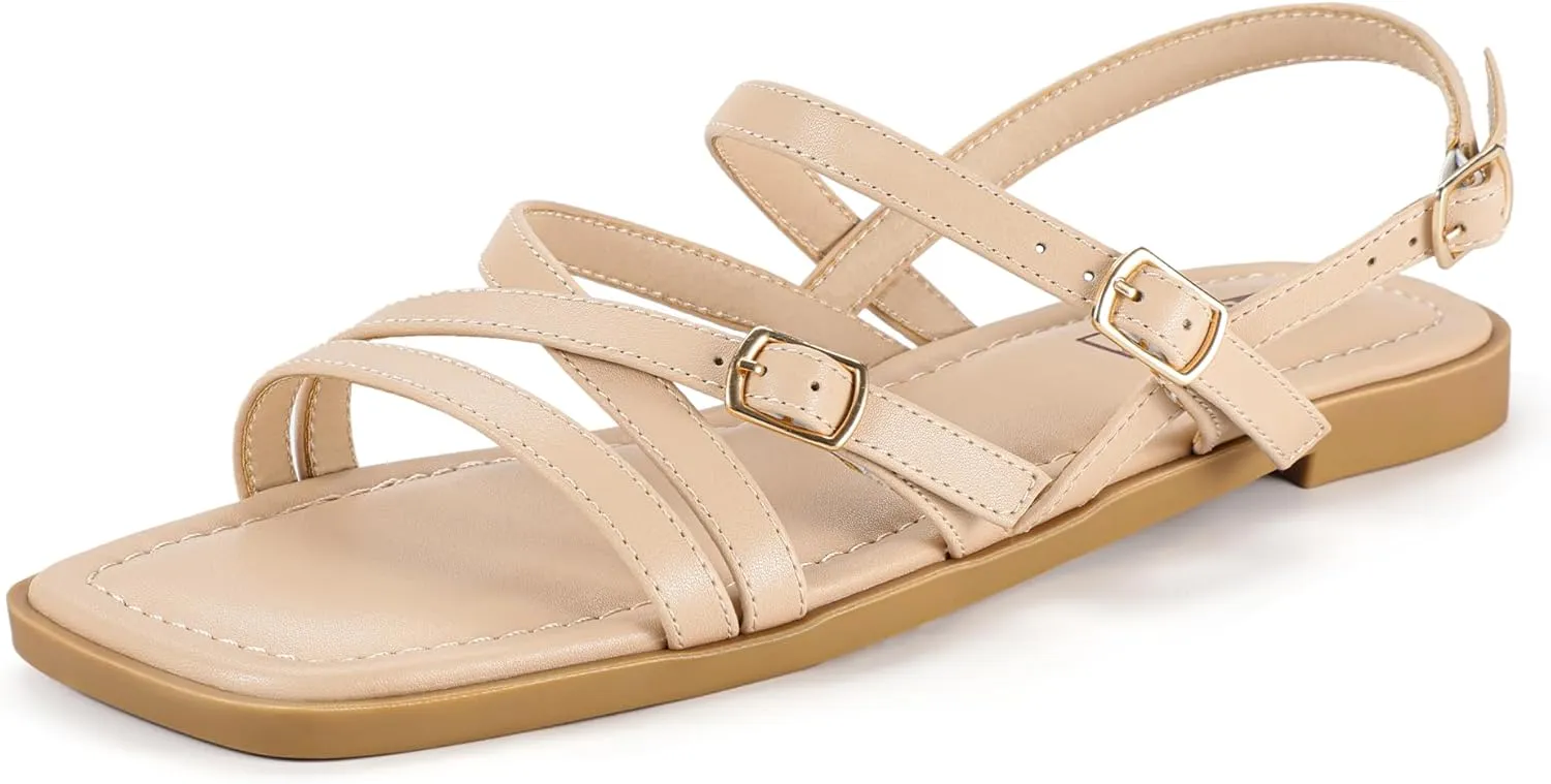 IDIFU Women's Strappy Sandals Square Open Toe Flats Sandals Gladiator Slingback Ankle Strap with Back Strap Summer Wedding Prom Work Party Comfortable Trendy Fashion Casual Dress Shoes