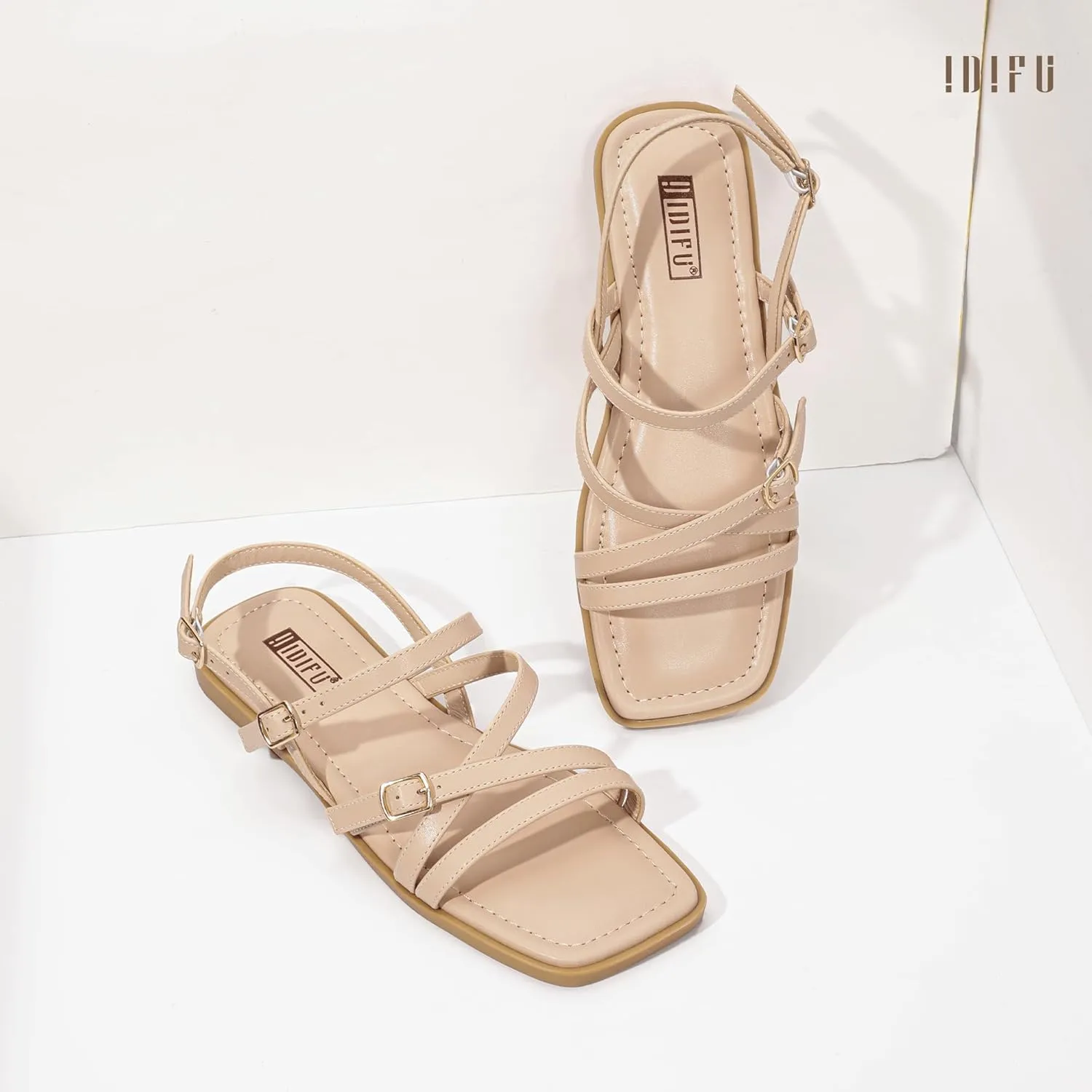 IDIFU Women's Strappy Sandals Square Open Toe Flats Sandals Gladiator Slingback Ankle Strap with Back Strap Summer Wedding Prom Work Party Comfortable Trendy Fashion Casual Dress Shoes