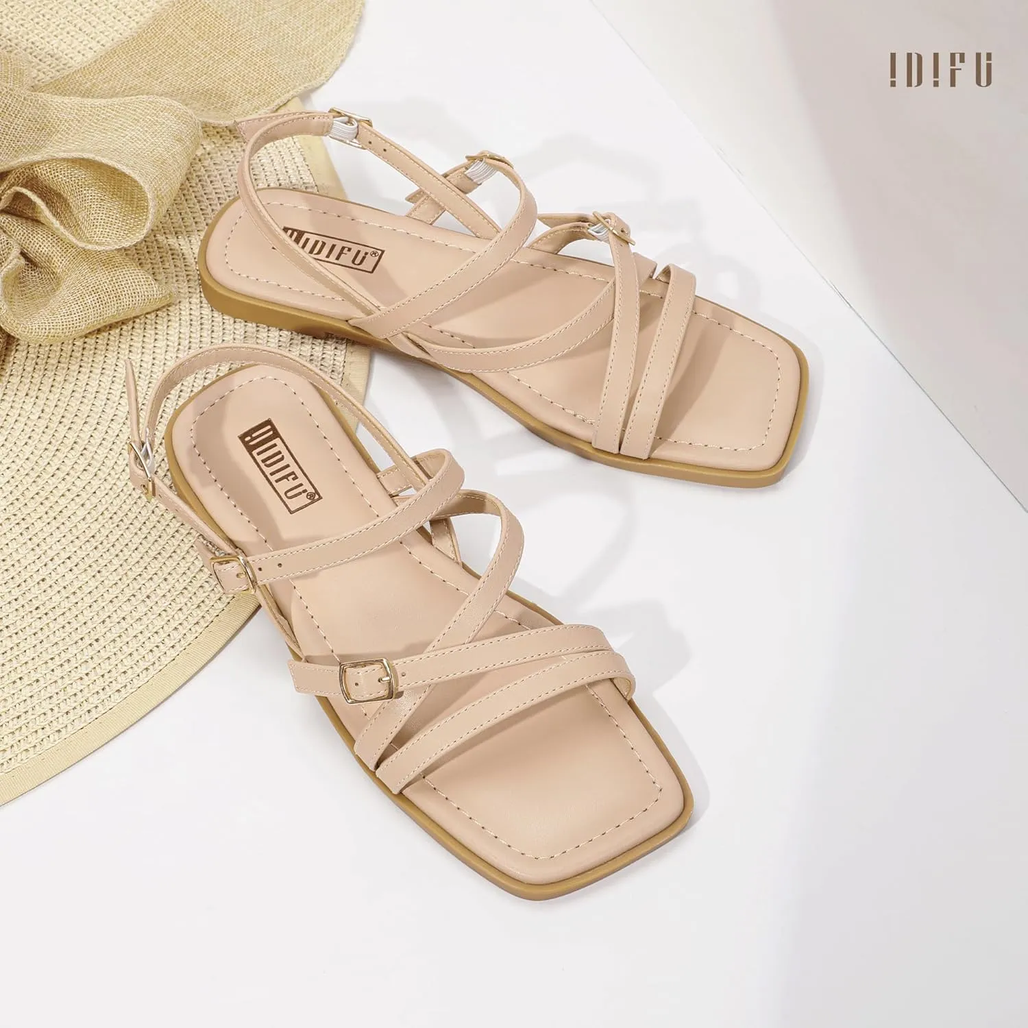 IDIFU Women's Strappy Sandals Square Open Toe Flats Sandals Gladiator Slingback Ankle Strap with Back Strap Summer Wedding Prom Work Party Comfortable Trendy Fashion Casual Dress Shoes