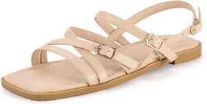 IDIFU Women's Strappy Sandals Square Open Toe Flats Sandals Gladiator Slingback Ankle Strap with Back Strap Summer Wedding Prom Work Party Comfortable Trendy Fashion Casual Dress Shoes