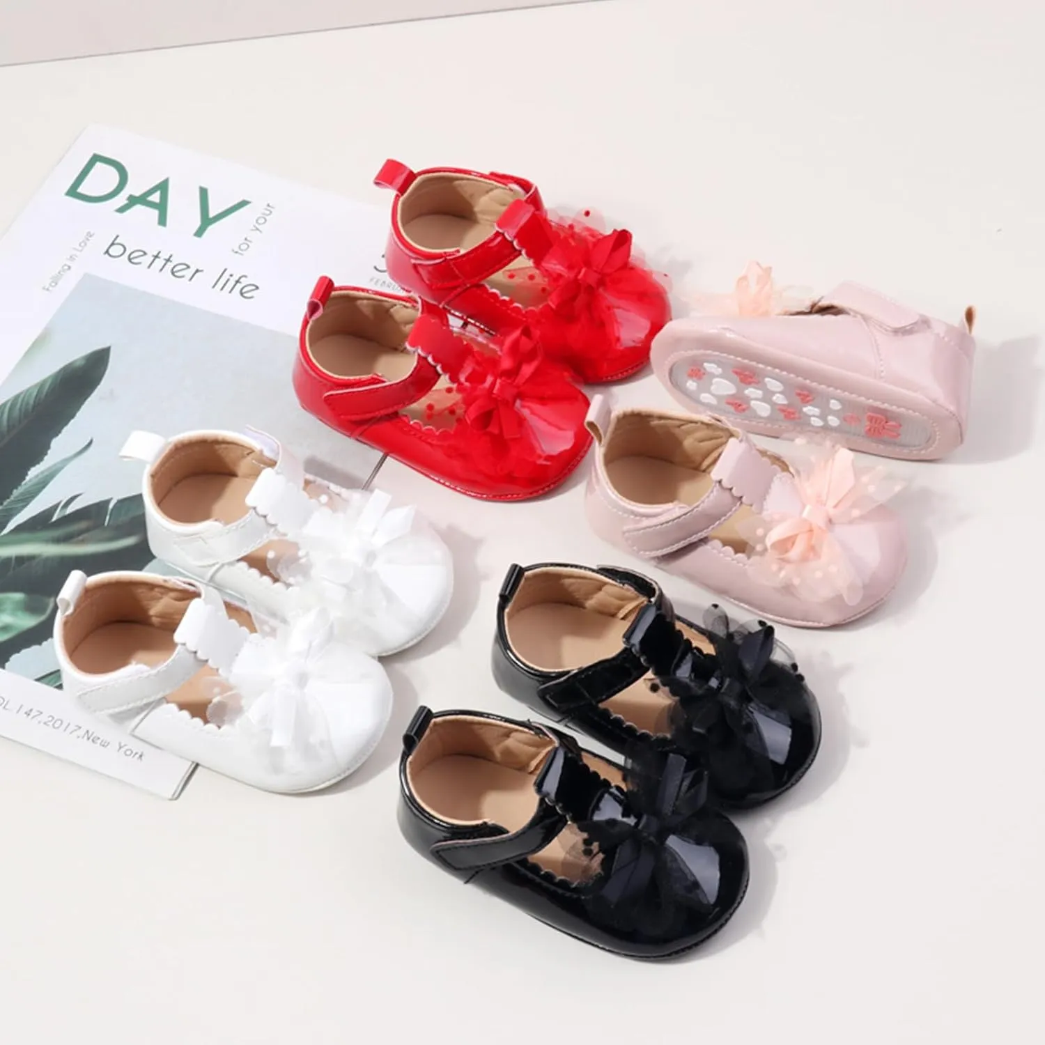 Infant Baby Girls Dress Shoes Newborn Bowkont Mary Jane Flats Non-Slip Lightweight Soft Sole Toddler First Walkers Princess Wedding Shoes