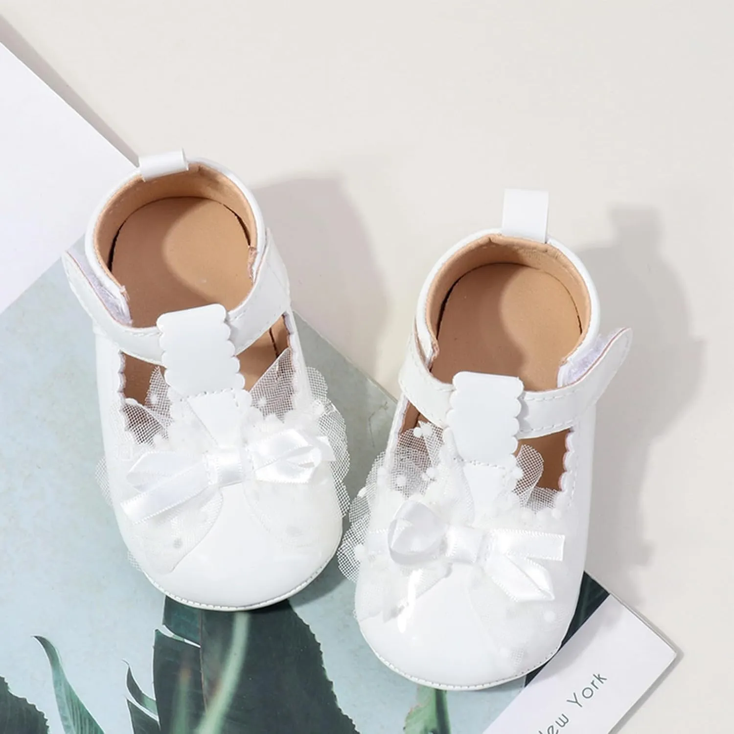Infant Baby Girls Dress Shoes Newborn Bowkont Mary Jane Flats Non-Slip Lightweight Soft Sole Toddler First Walkers Princess Wedding Shoes