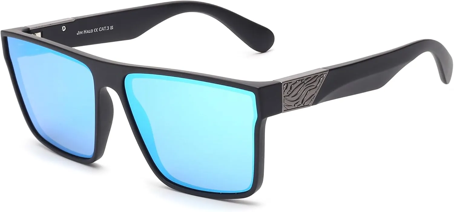 JIM HALO Retro Polarized Sunglasses Men Women Flat Top Square UV400 Glasses for Driving Fishing Hiking Golfing