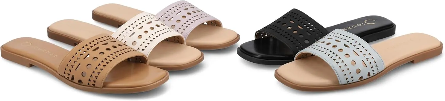 Journee Womens cushioned footbed Faux Leather Sandals Flat Sole Brodie Laser Cutout Straps