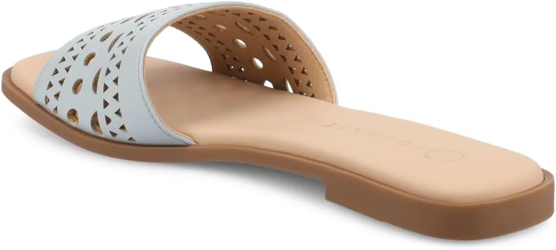 Journee Womens cushioned footbed Faux Leather Sandals Flat Sole Brodie Laser Cutout Straps