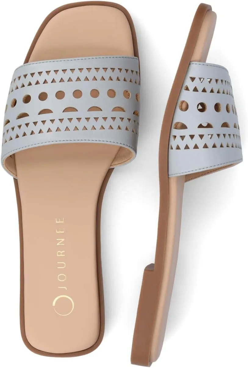 Journee Womens cushioned footbed Faux Leather Sandals Flat Sole Brodie Laser Cutout Straps
