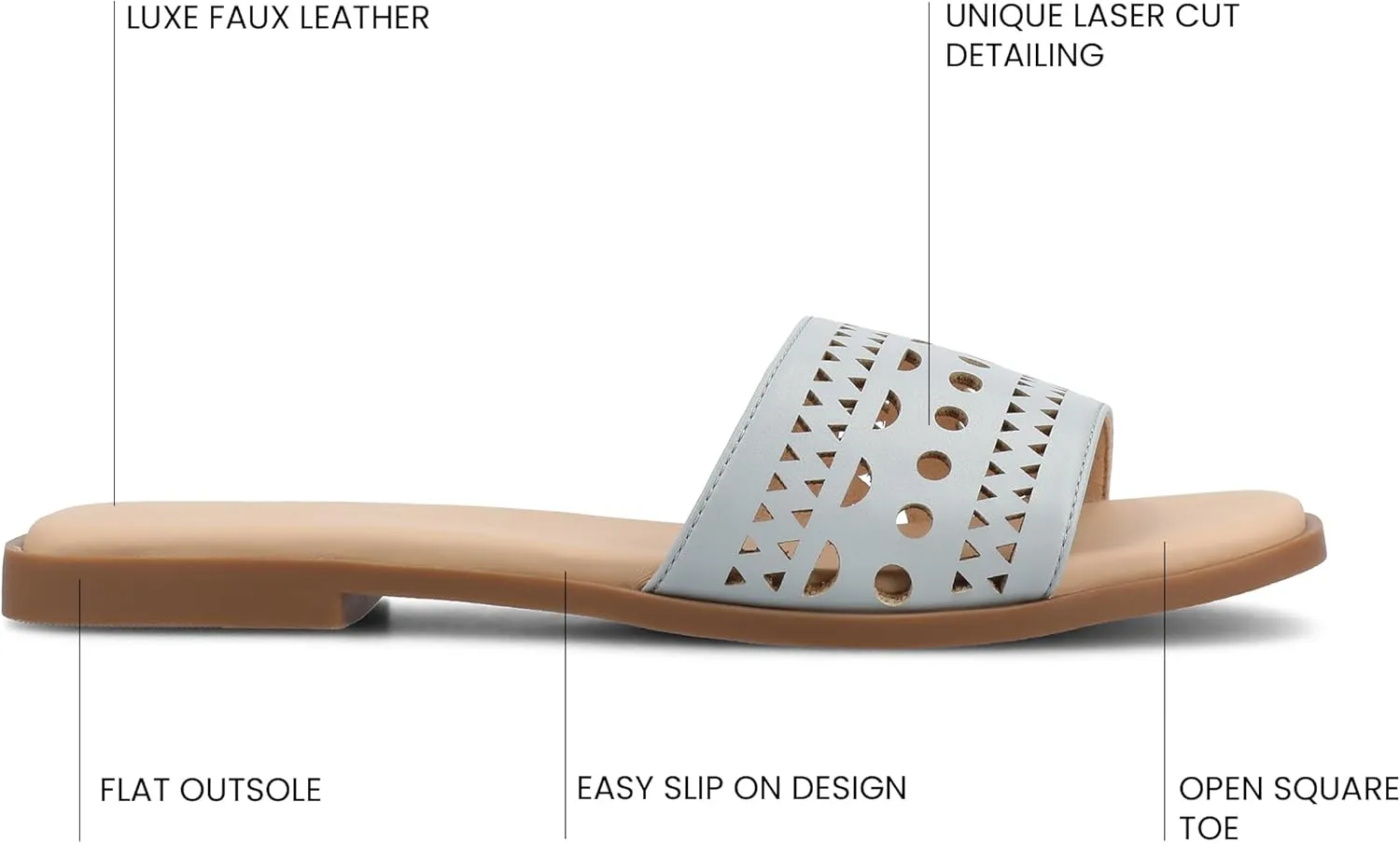 Journee Womens cushioned footbed Faux Leather Sandals Flat Sole Brodie Laser Cutout Straps