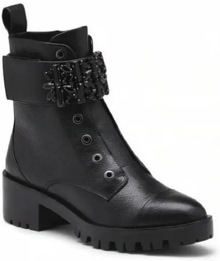KARL LAGERFELD Women's Lug-Sole Maeva Combat Boot with Crystal Detail