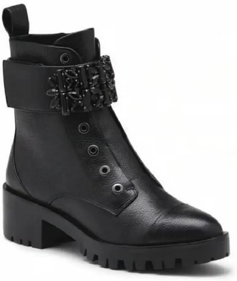 KARL LAGERFELD Women's Lug-Sole Maeva Combat Boot with Crystal Detail