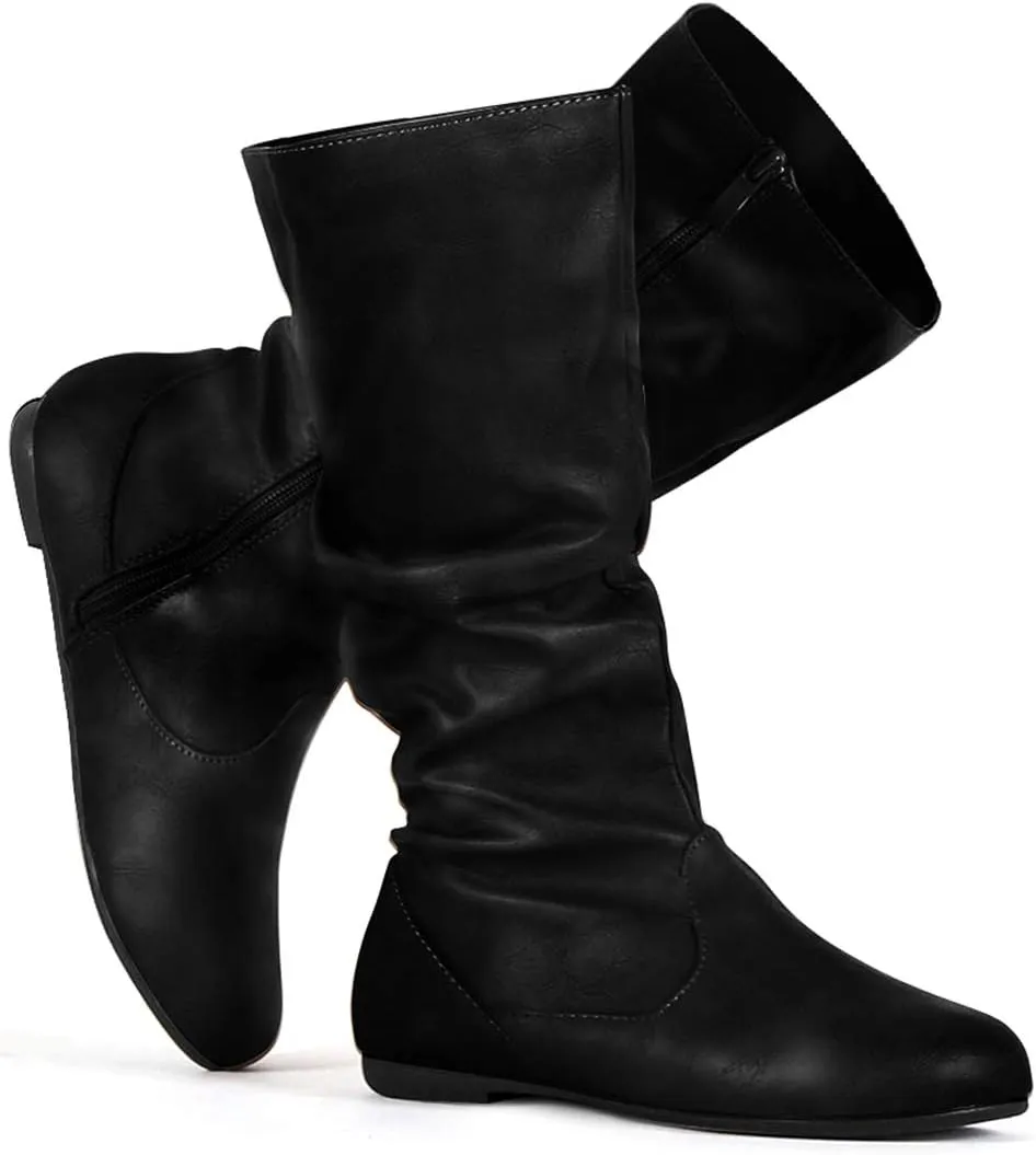 katliu Women's Slouchy Mid Calf Boots Zip up Flat Boots