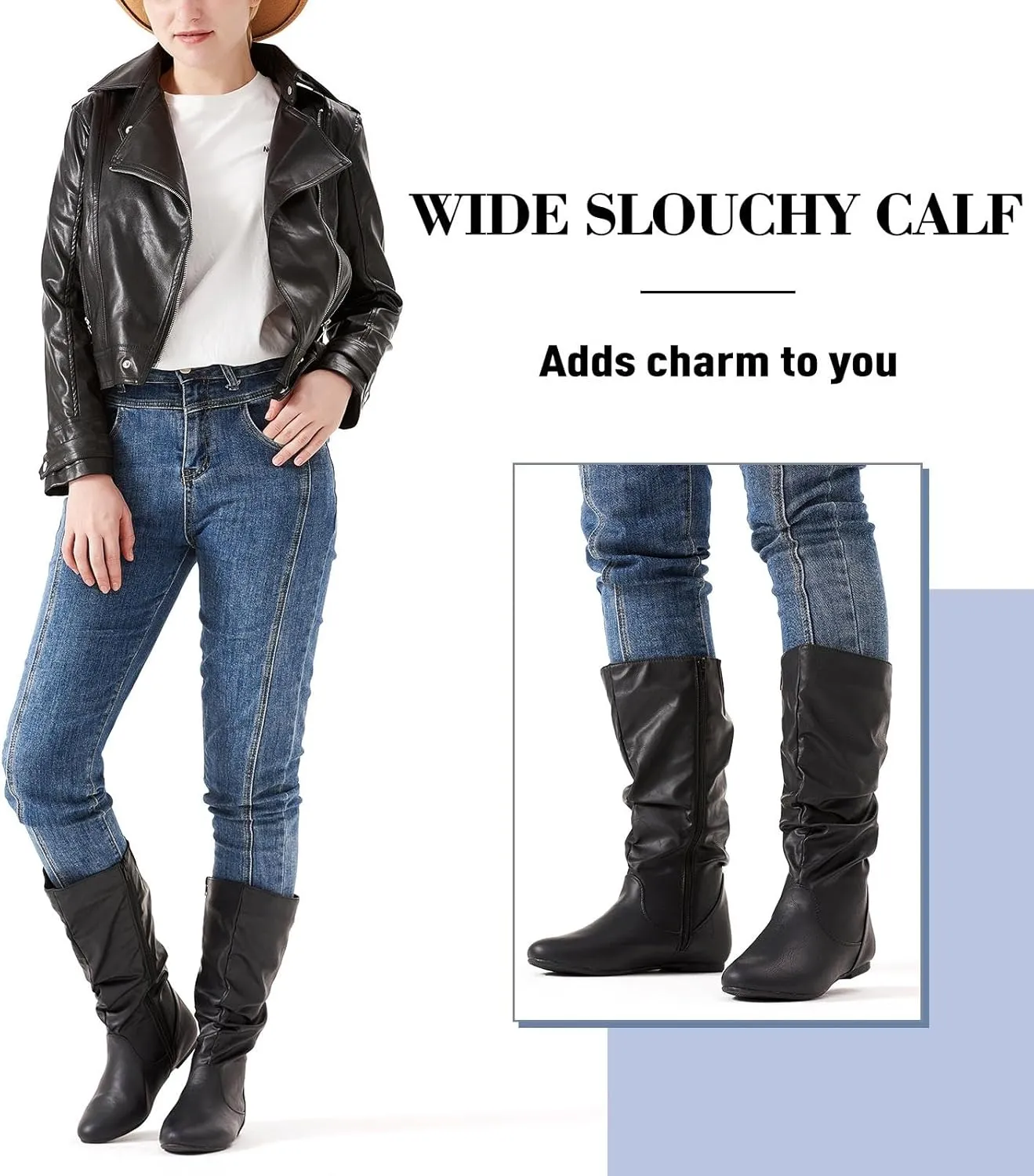 katliu Women's Slouchy Mid Calf Boots Zip up Flat Boots