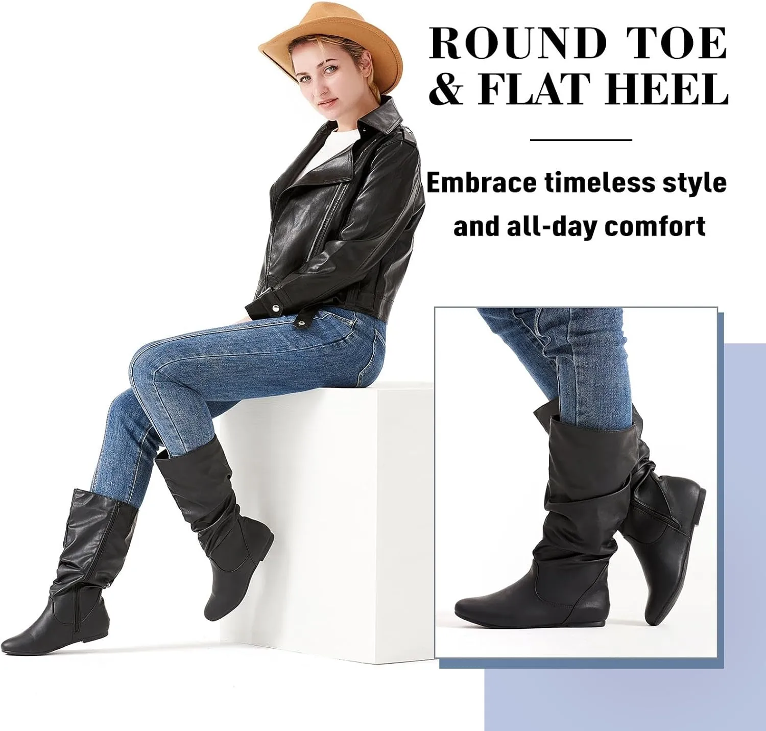 katliu Women's Slouchy Mid Calf Boots Zip up Flat Boots