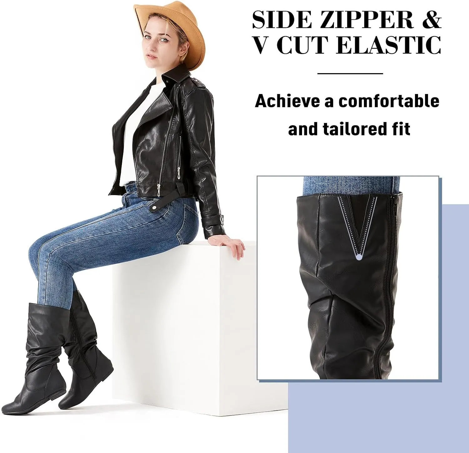 katliu Women's Slouchy Mid Calf Boots Zip up Flat Boots