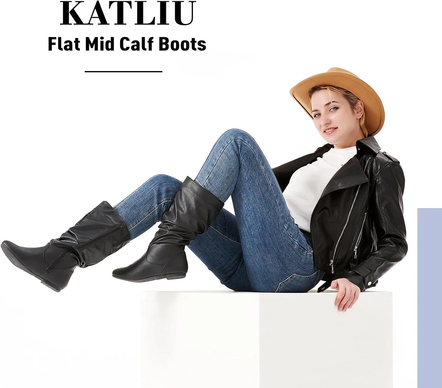 katliu Women's Slouchy Mid Calf Boots Zip up Flat Boots