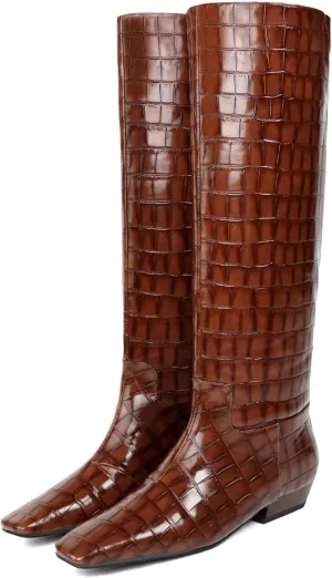 Knee High Boots for Women, Low Kitten Heel, Pull-on Block Heel, Square Toe, Flat Tall Riding Boots, Gogo Boots, Faux Leather