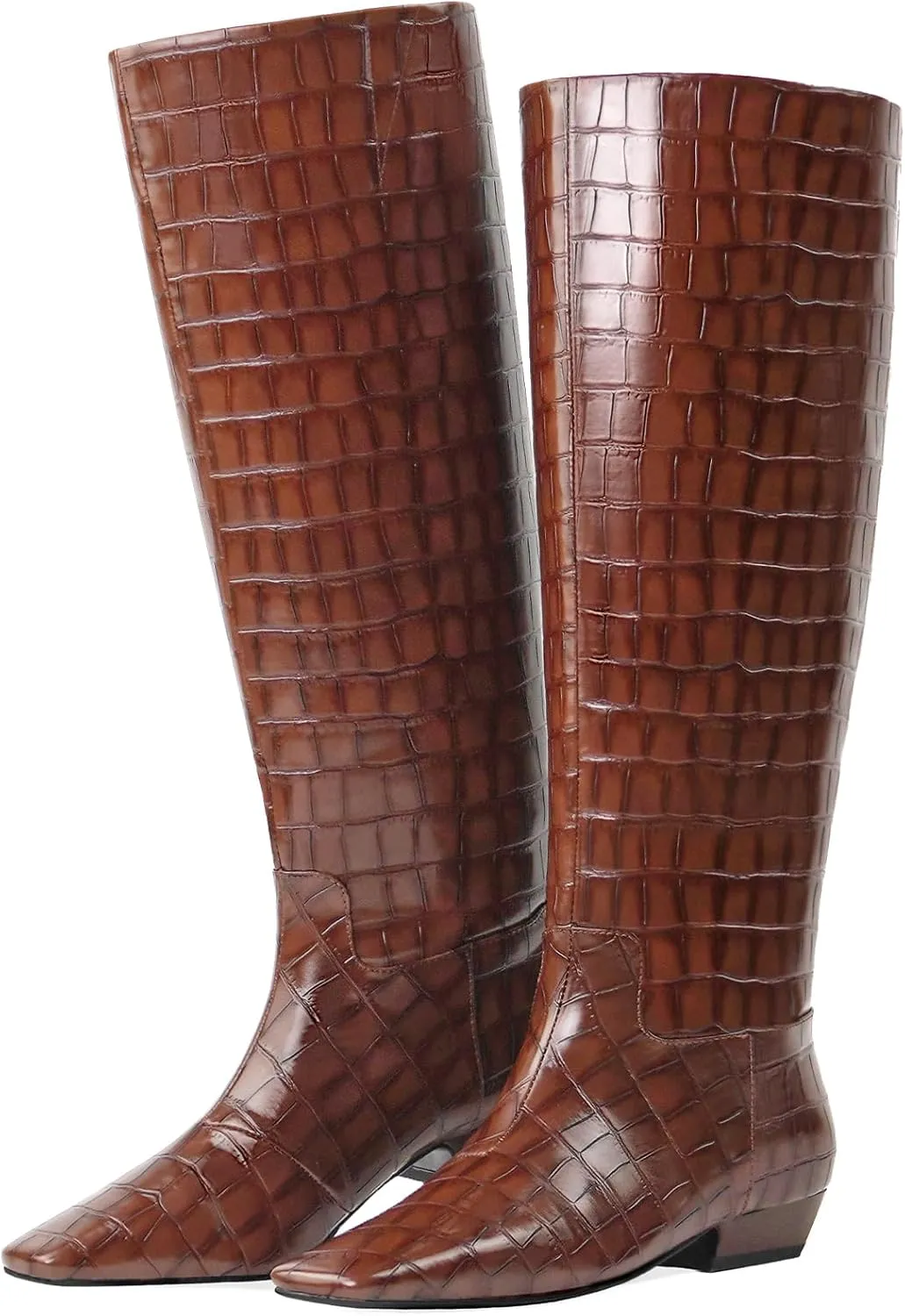 Knee High Boots for Women, Low Kitten Heel, Pull-on Block Heel, Square Toe, Flat Tall Riding Boots, Gogo Boots, Faux Leather