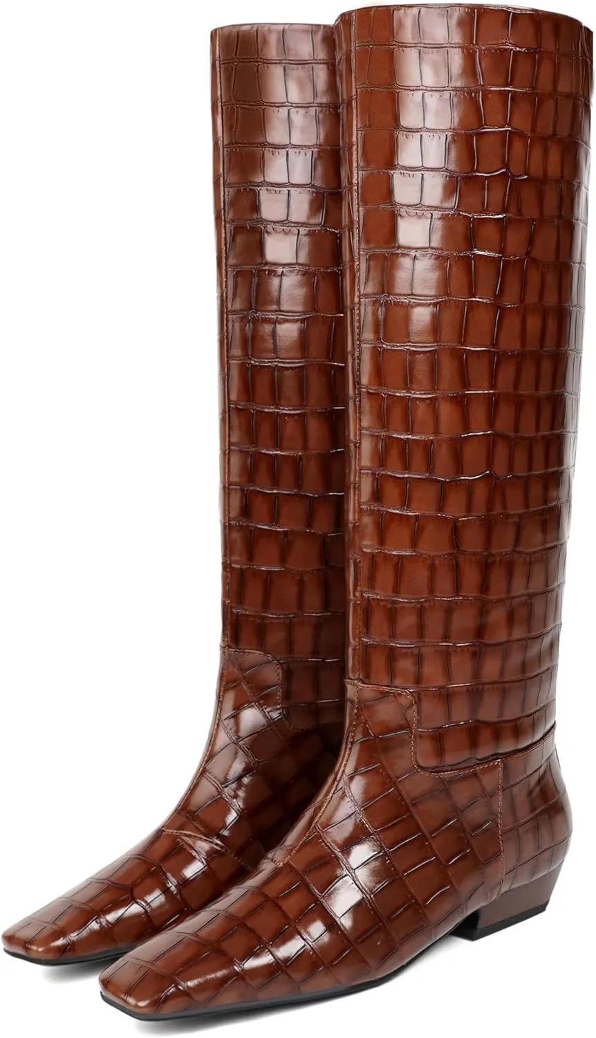 Knee High Boots for Women, Low Kitten Heel, Pull-on Block Heel, Square Toe, Flat Tall Riding Boots, Gogo Boots, Faux Leather