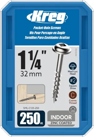 Kreg SML-C125-250 Zinc Pocket Screw - 1 1/4 Inch #8 Coarse Thread - Maxi-Loc Head - 250 Count