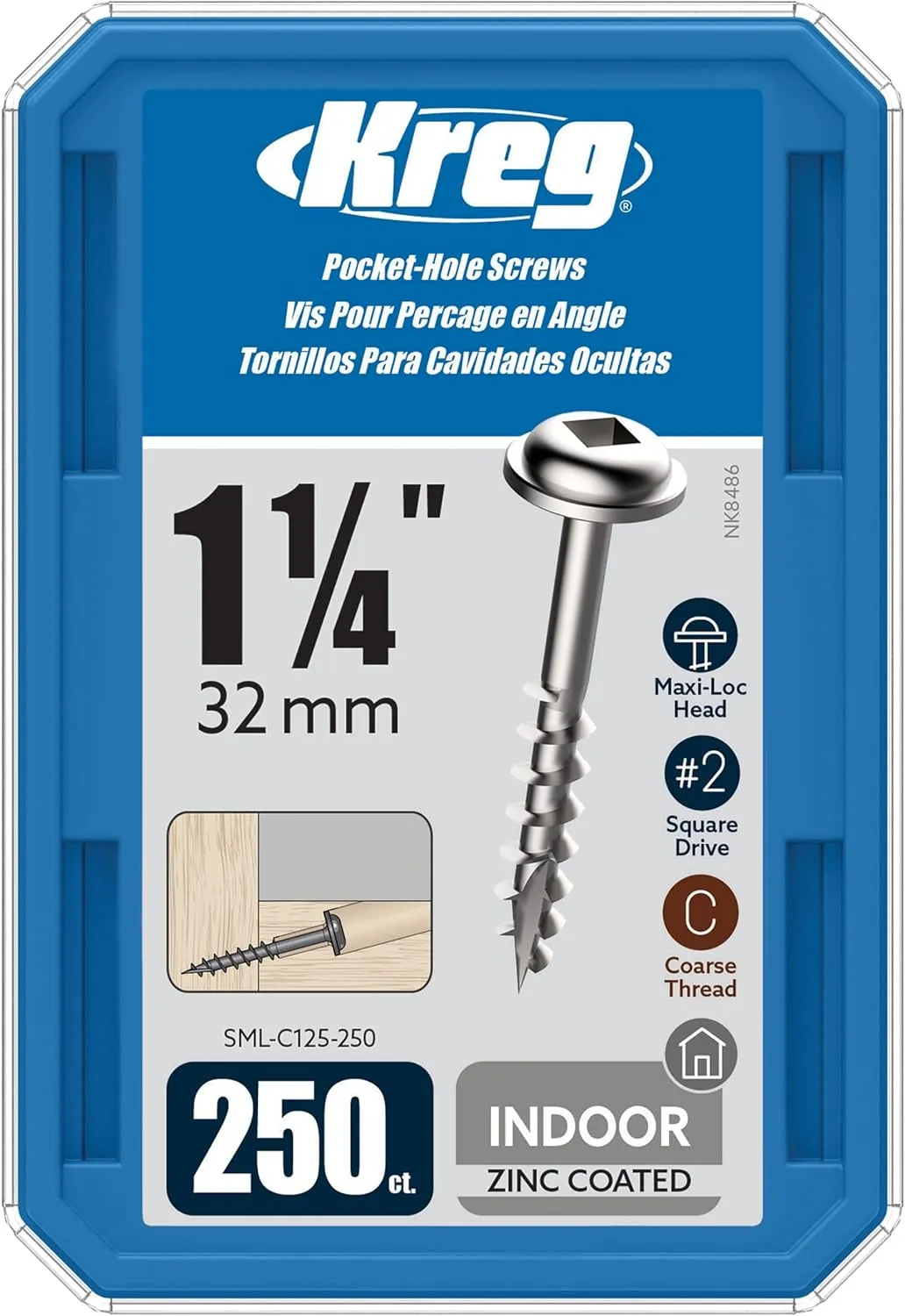 Kreg SML-C125-250 Zinc Pocket Screw - 1 1/4 Inch #8 Coarse Thread - Maxi-Loc Head - 250 Count