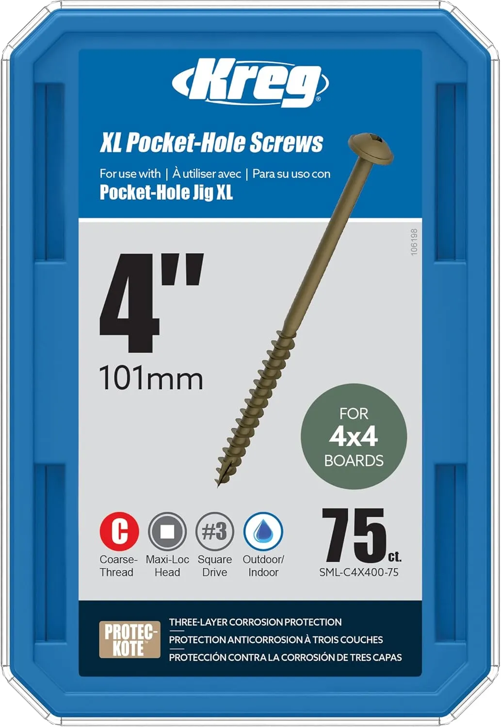 Kreg SML-C4X400-75 XL Pocket Screws, 4 Inch (75 Count)