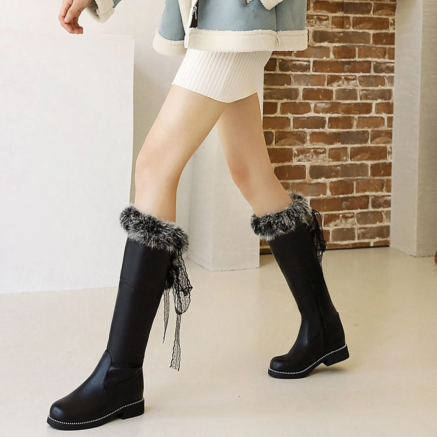 Lace Up Knee High Snow Boots, Platform Low Heel Zip Up Knee Boots Short Plush Lined Raw Edge Long Boots Patent Leather Waterproof High Boots