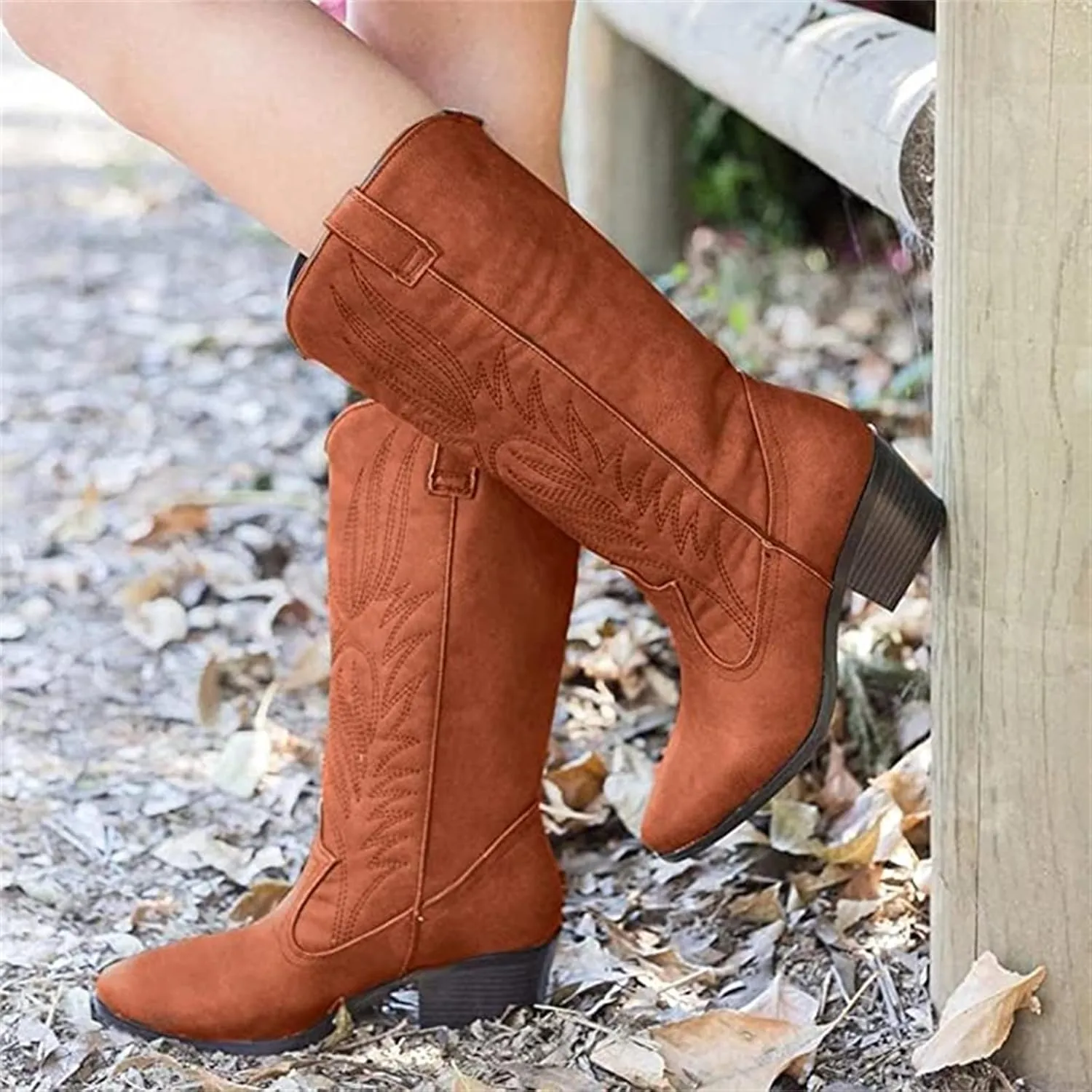Lausiuoe Boots For Women Knee High Wide Width Cowboy Boots Western Fashion Embroidered Wide Calf Chunky Cowgirl Boots