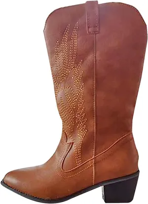 Lausiuoe Boots For Women Knee High Wide Width Cowboy Boots Western Fashion Embroidered Wide Calf Chunky Cowgirl Boots