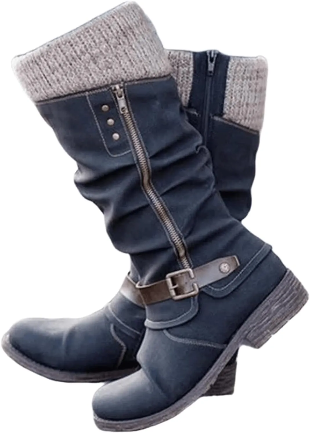 Lausiuoe Boots For Women Low Heel Mid Calf Slouchy Side Zip Flat Booties Wide Calf Western Cowboy Winter Non Slip Outdoor Shoes
