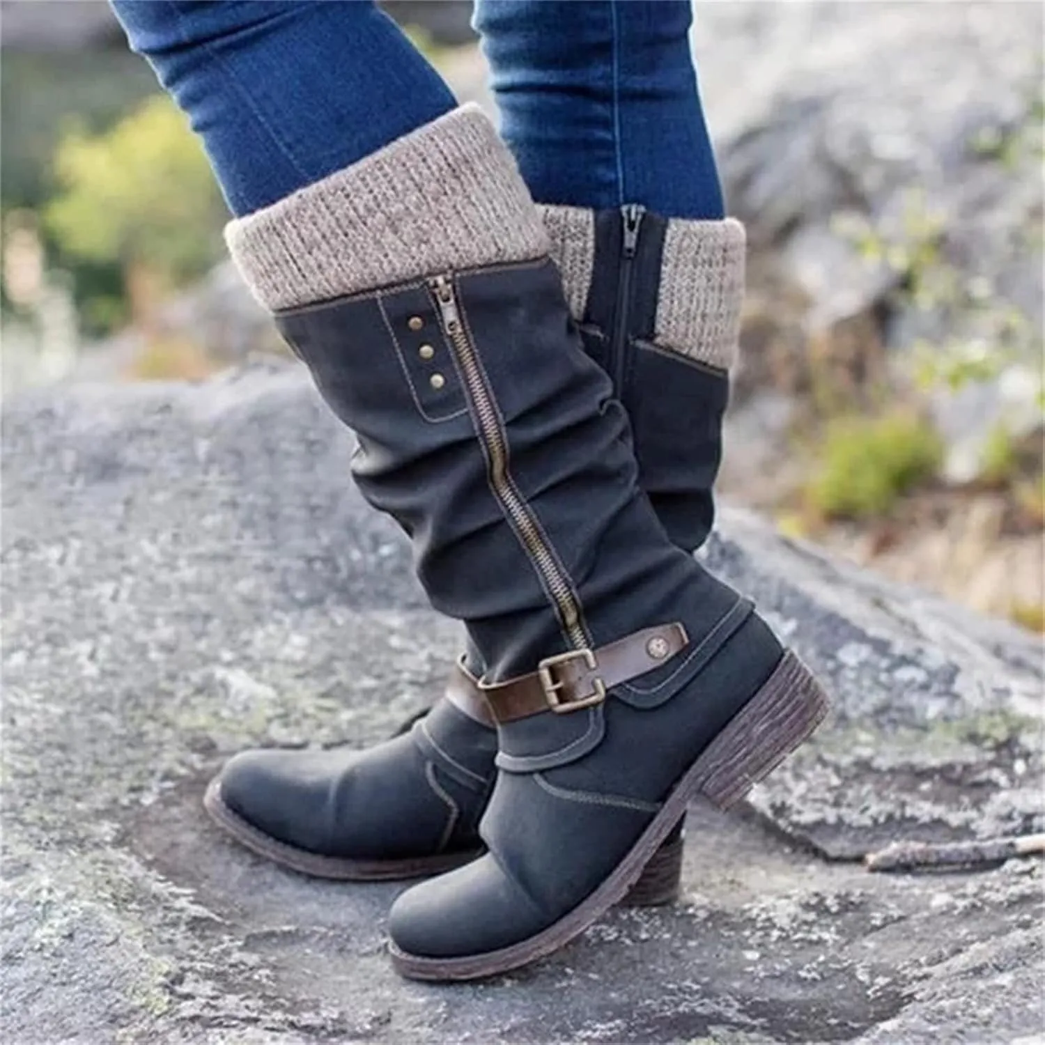 Lausiuoe Boots For Women Low Heel Mid Calf Slouchy Side Zip Flat Booties Wide Calf Western Cowboy Winter Non Slip Outdoor Shoes