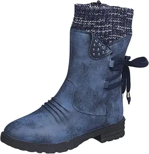 Lausiuoe Boots For Women Low Heel Mid Calf Winter Boots Side Zip Western Platform Hiking Booties Warm Non Slip Outdoor Shoes