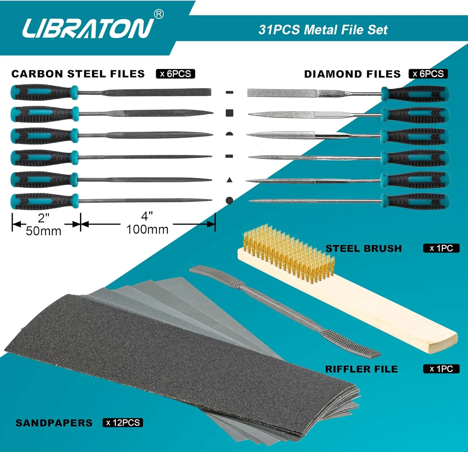 Libraton 31PCs Metal File Set, Metal Files, Metal Files for Steel, 12 Needle Files with Case, Riffler File, 12 Sandpapers, Steel Brush, File Sets for Wood and Metal, for Metalworking & Woodworking