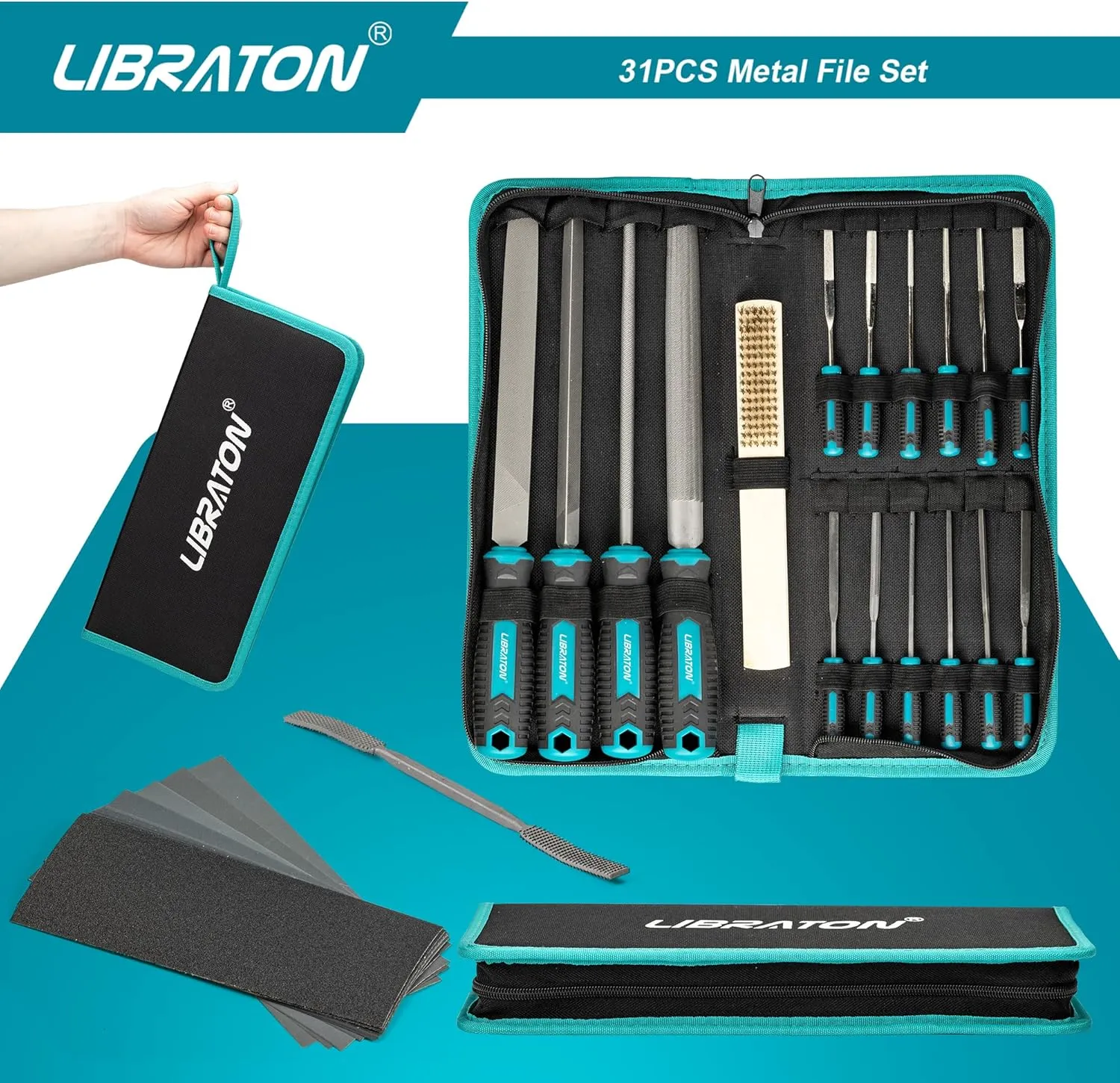 Libraton 31PCs Metal File Set, Metal Files, Metal Files for Steel, 12 Needle Files with Case, Riffler File, 12 Sandpapers, Steel Brush, File Sets for Wood and Metal, for Metalworking & Woodworking