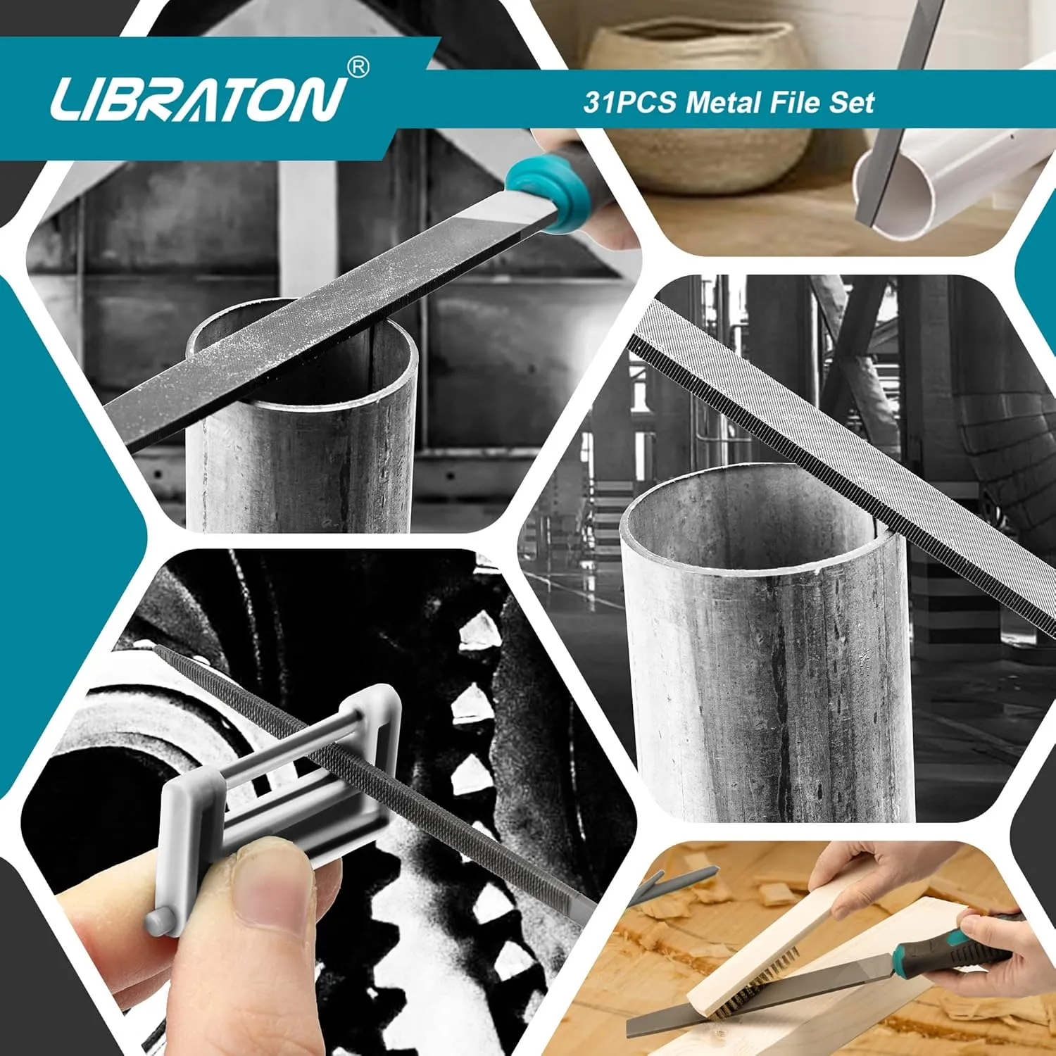 Libraton 31PCs Metal File Set, Metal Files, Metal Files for Steel, 12 Needle Files with Case, Riffler File, 12 Sandpapers, Steel Brush, File Sets for Wood and Metal, for Metalworking & Woodworking