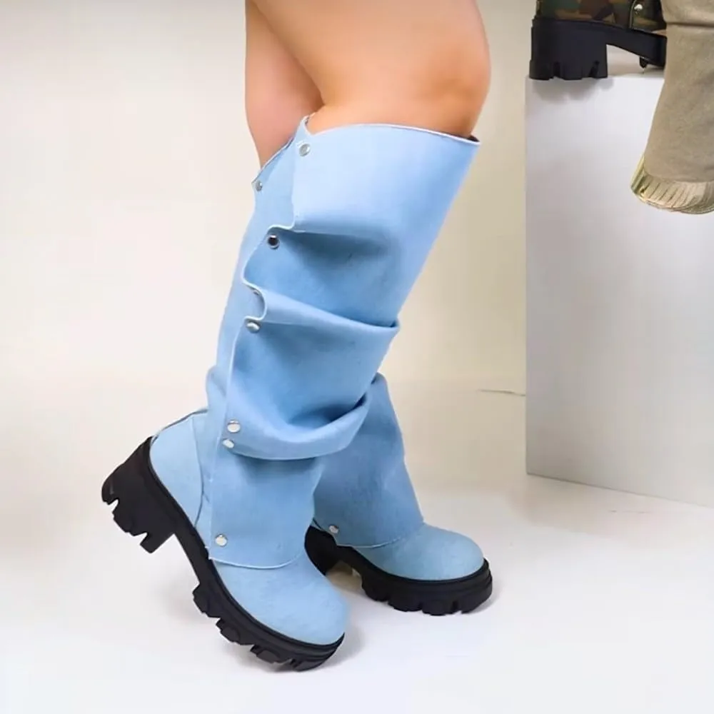 Liliana Women's Platform Boots Slouch Fold Over Knee High Boots Pull On Tall Boots With Full Zipper