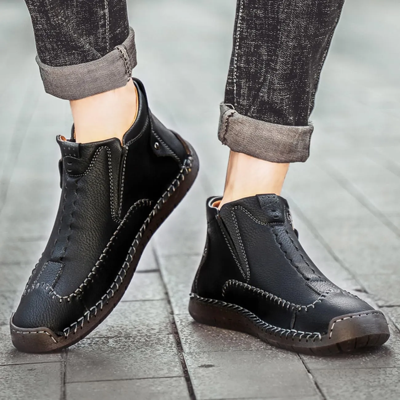 Men's Casual Leather Loafers Fashion Comfortable Chelsea Boots Hand Stitched Slip On Mid-top Shoes