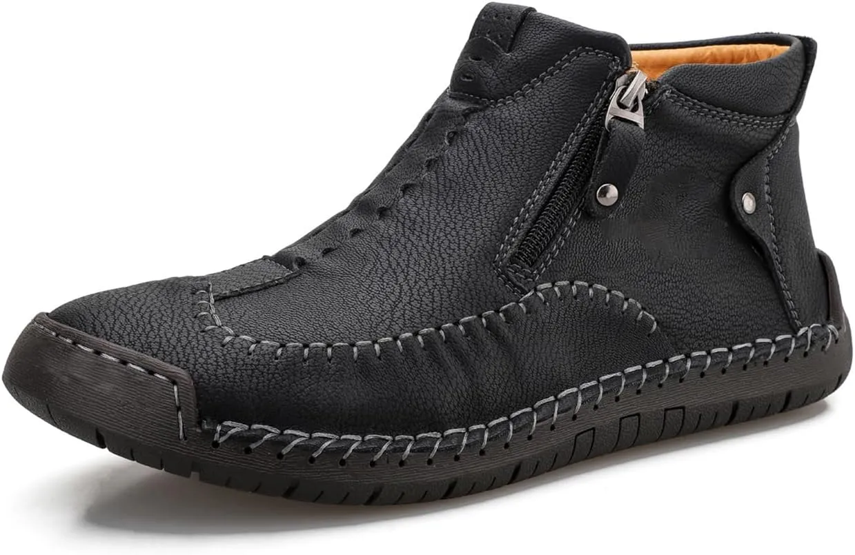 Men's Casual Leather Loafers Fashion Comfortable Chelsea Boots Hand Stitched Slip On Mid-top Shoes