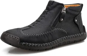 Men's Casual Leather Loafers Fashion Comfortable Chelsea Boots Hand Stitched Slip On Mid-top Shoes