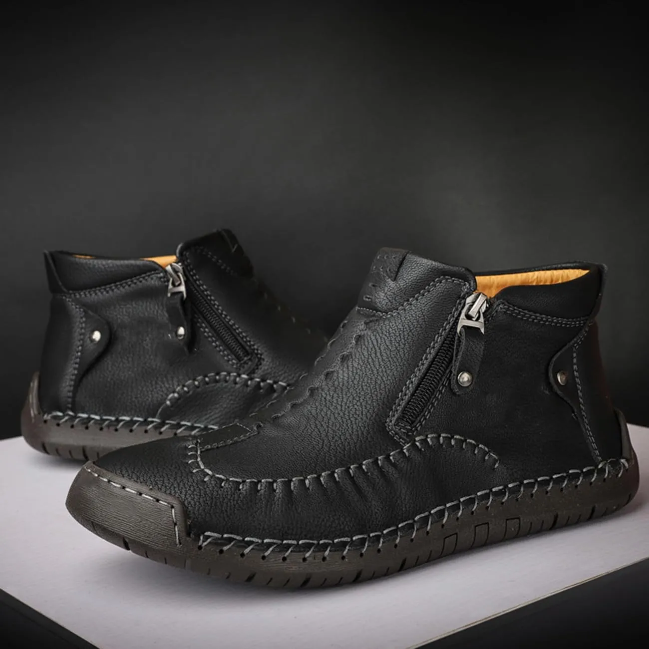 Men's Casual Leather Loafers Fashion Comfortable Chelsea Boots Hand Stitched Slip On Mid-top Shoes